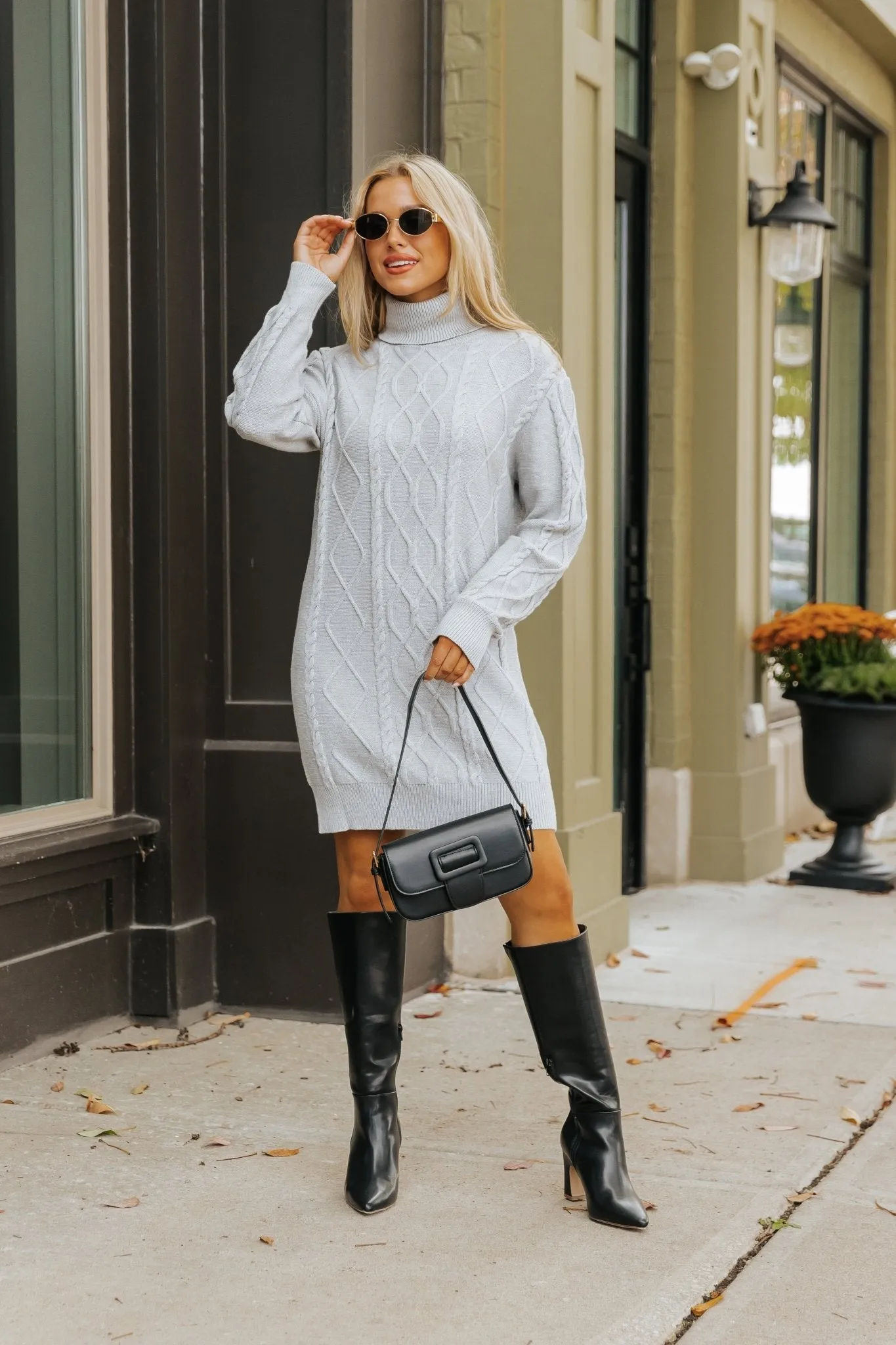 Grey Cable Knit Sweater Dress - DOORBUSTER