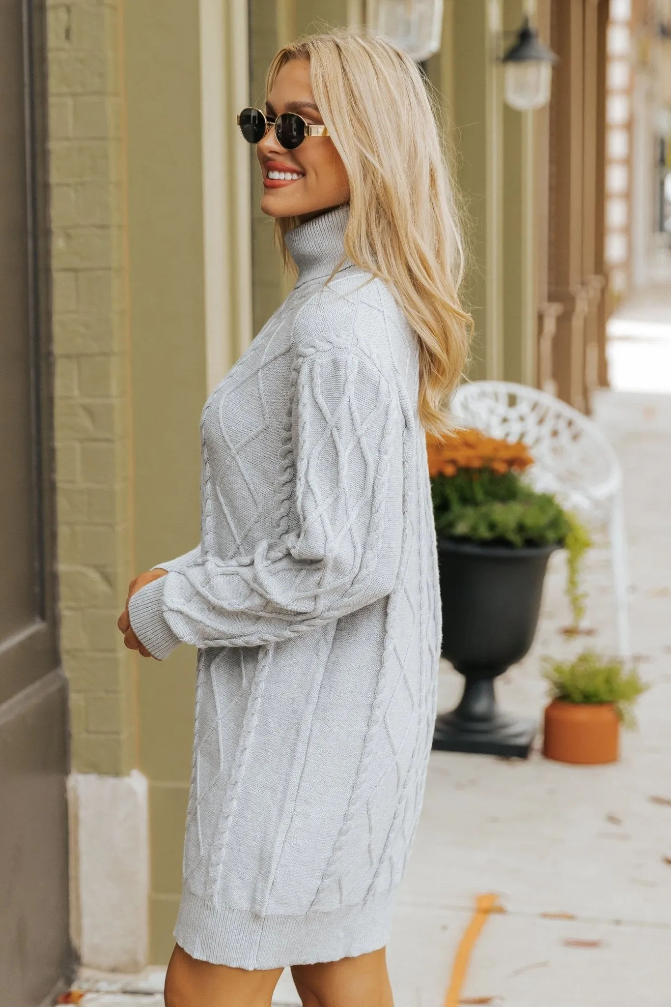 Grey Cable Knit Sweater Dress - DOORBUSTER