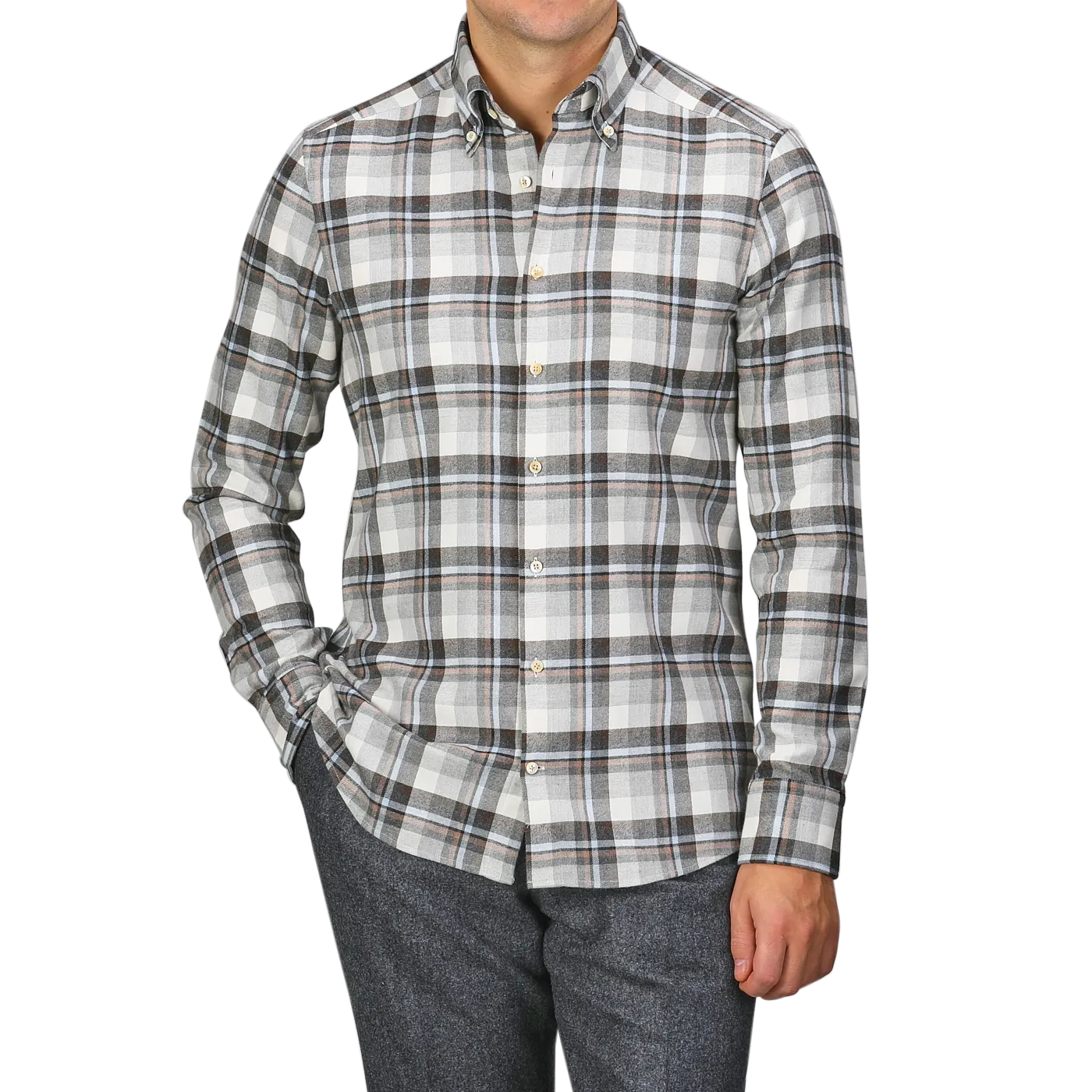 Grey Checked Cotton Flannel Slimline BD Shirt