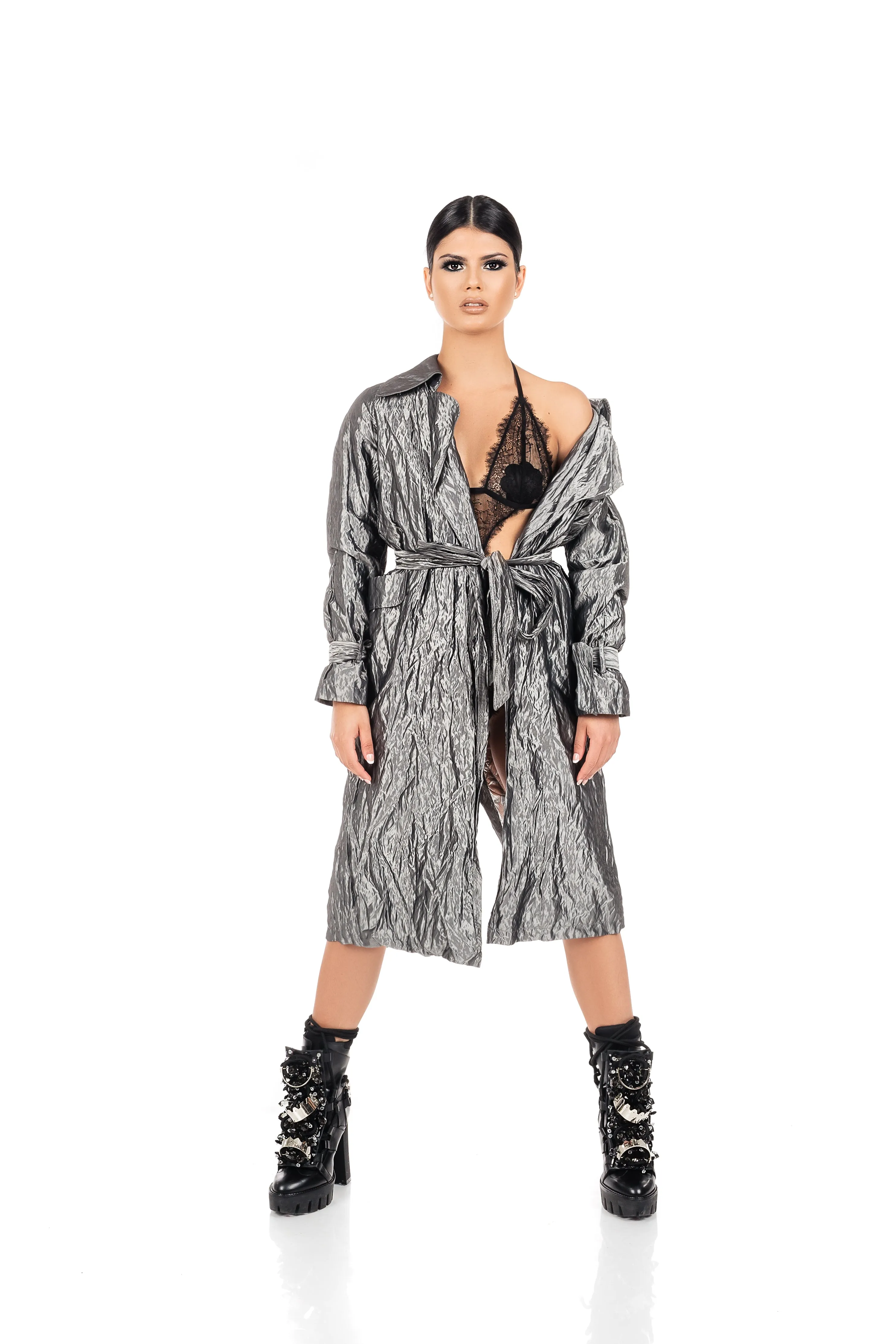 Grey-Foil "Tafetta" Trench Coat