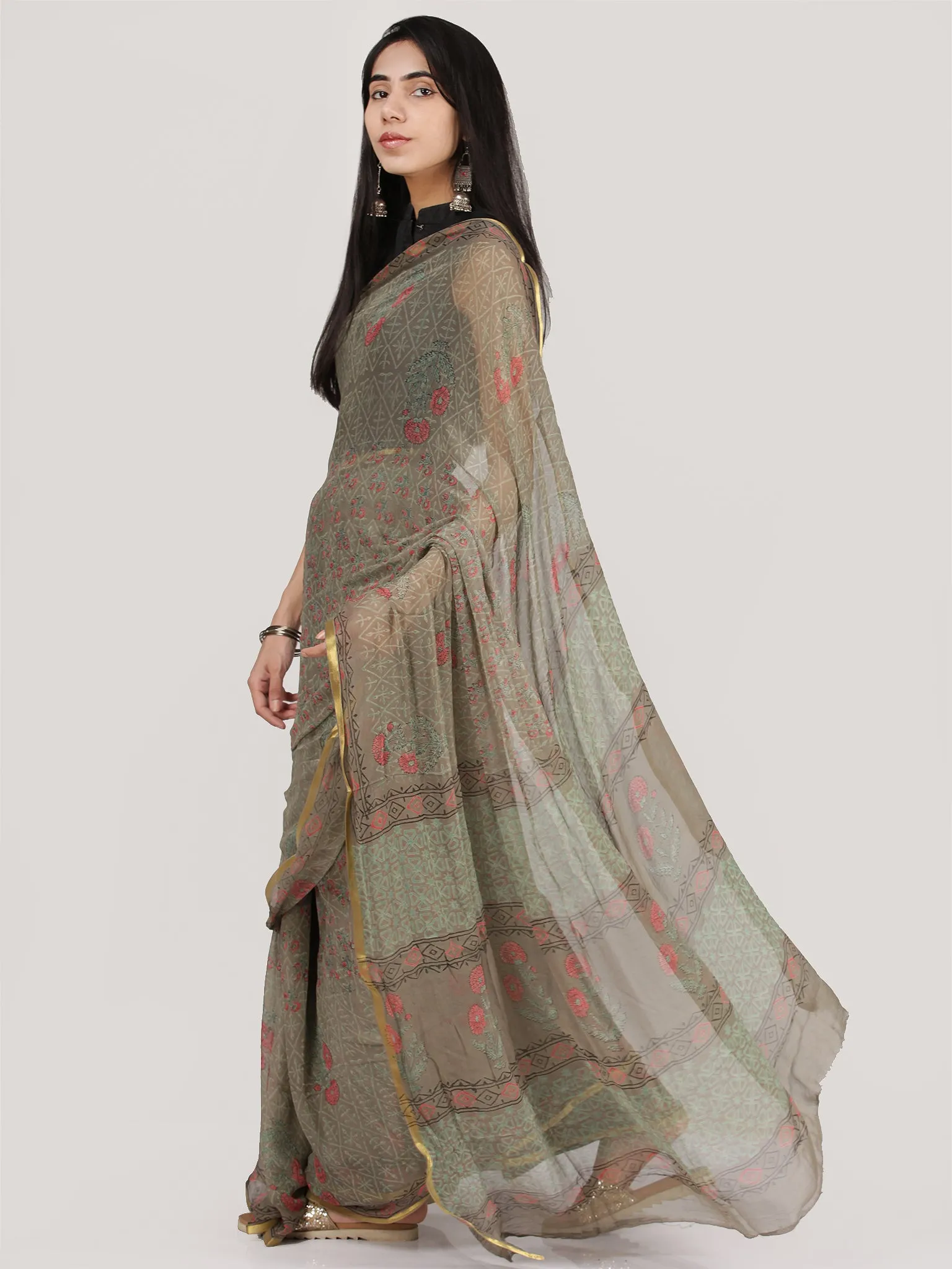 Grey Green Pink Hand Block Printed Chiffon Saree With Zari Border - S031704688