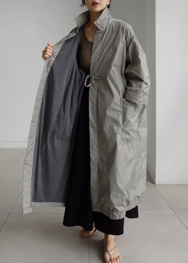 Grey Peter Pan Collar Tie Waist Trench Coats Long Sleeve