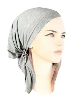 Grey Pre-tied Head-scarf Tichel Soft Cotton Boho Chic ShariRose Decorative Over-Lock Collection! (Gray pink short)