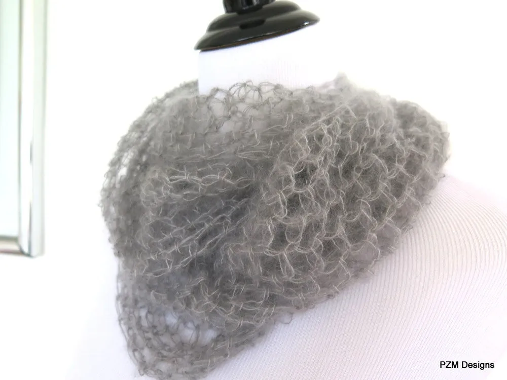 Grey silk long loop scarf, hand crochet luxury cowl gift for her