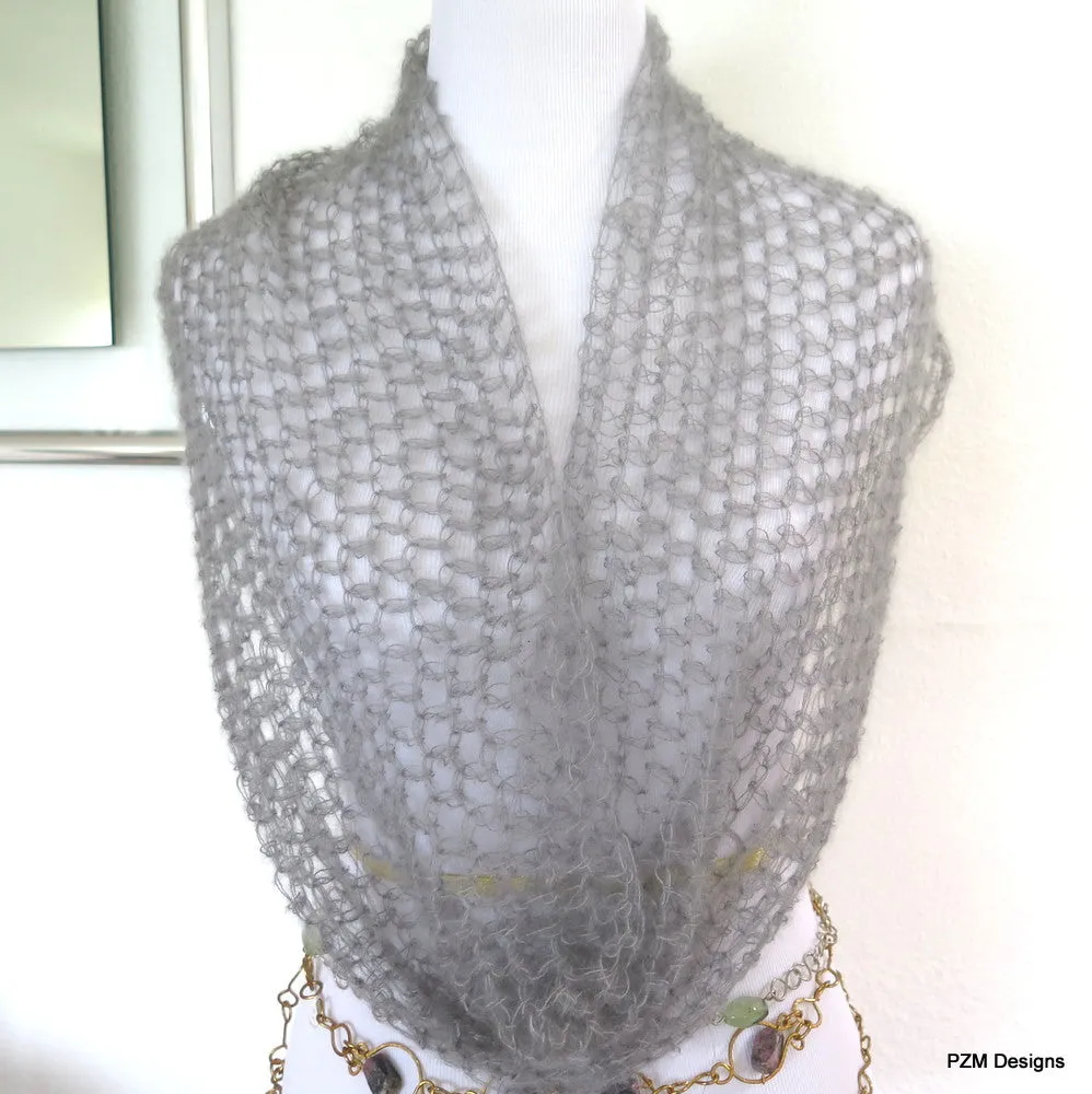 Grey silk long loop scarf, hand crochet luxury cowl gift for her