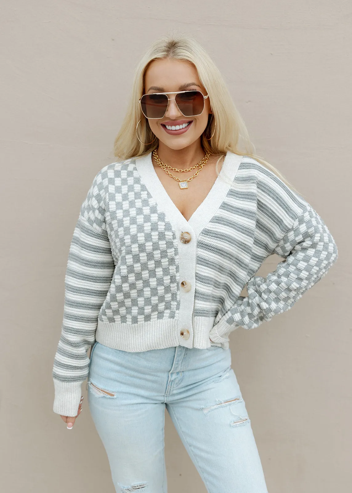 Grey Stripe & Check Cardigan Sweater