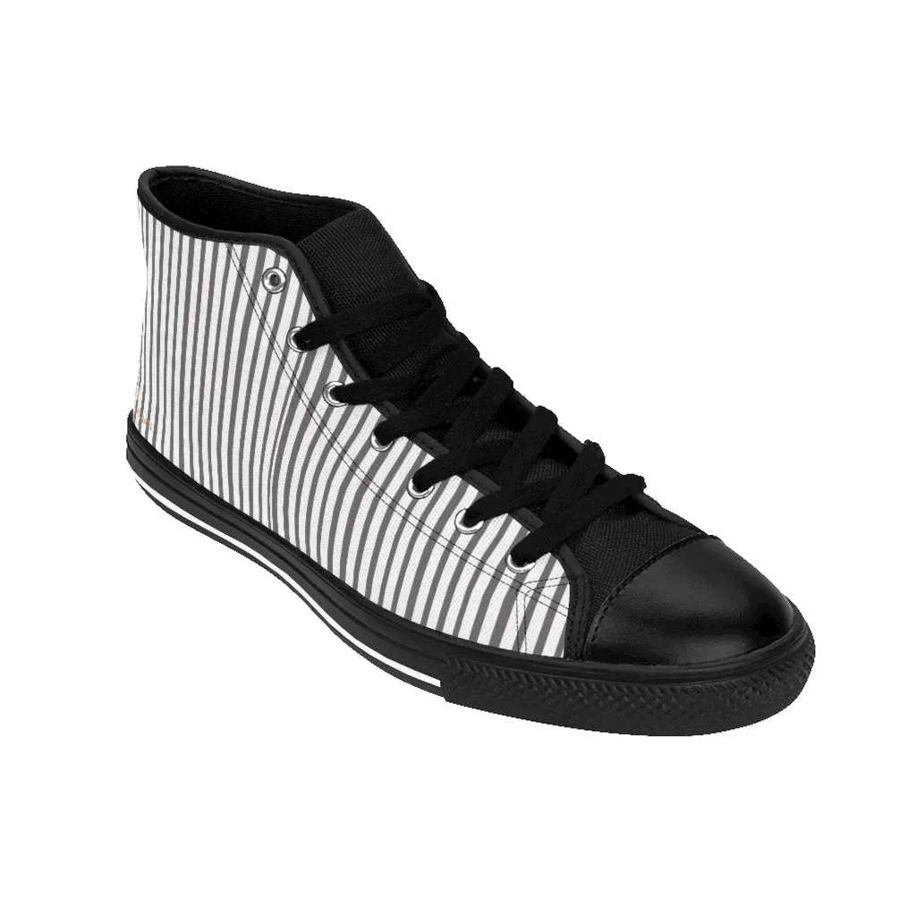 Grey Striped Men's High-top Sneakers, Modern Stripes Designer Tennis Running Shoes For Men