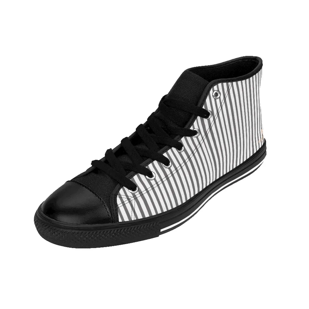 Grey Striped Men's High-top Sneakers, Modern Stripes Designer Tennis Running Shoes For Men