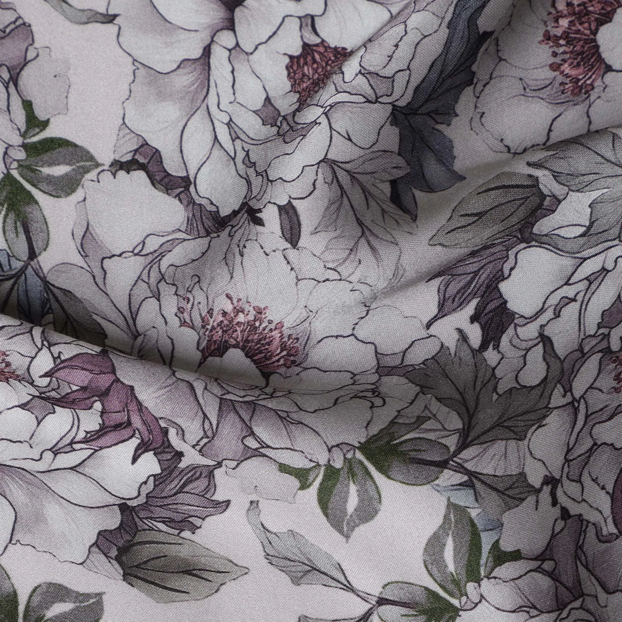 Grey Synthetic Modal Satin Fabric with Delicate Floral Print, 110 cm Width-D20958