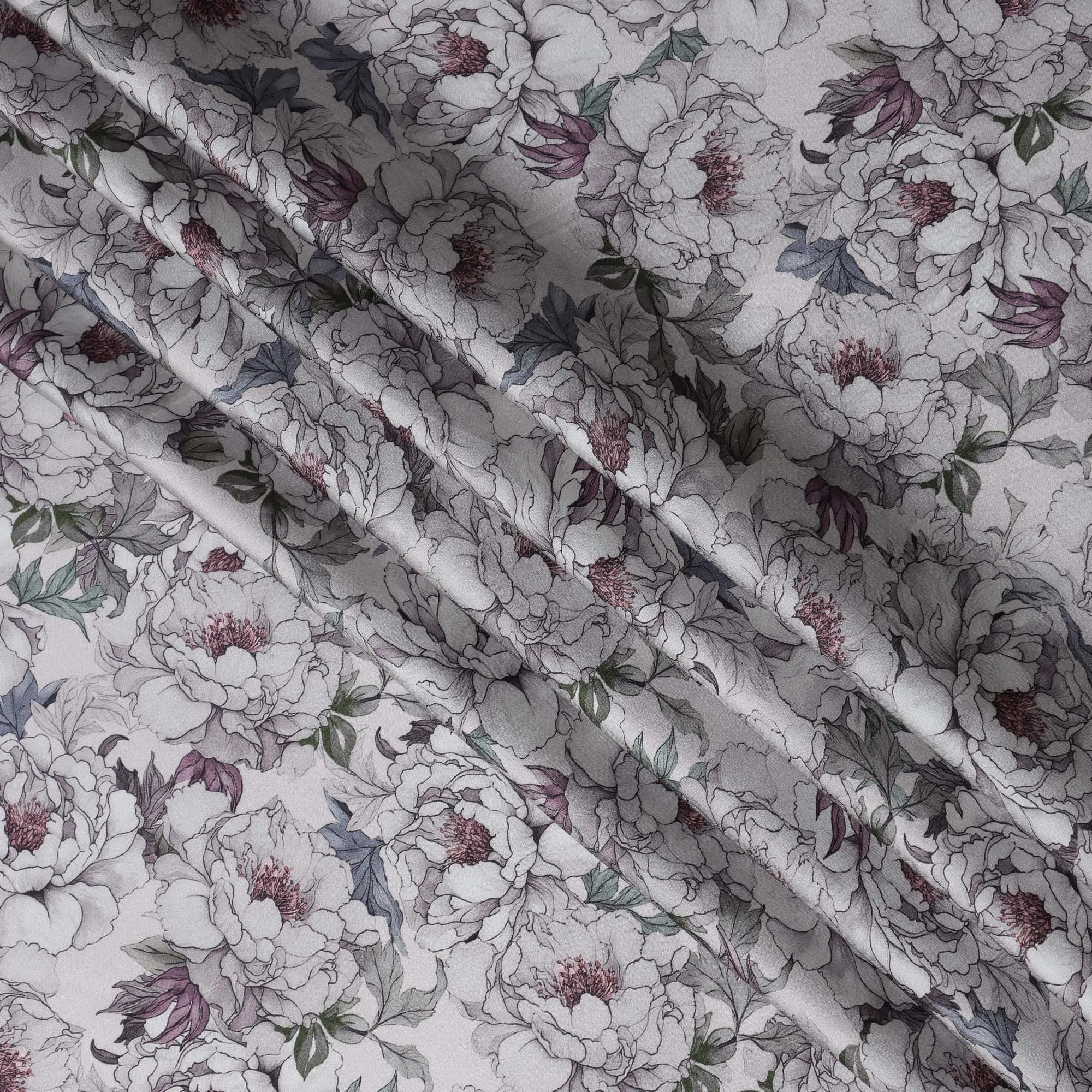 Grey Synthetic Modal Satin Fabric with Delicate Floral Print, 110 cm Width-D20958