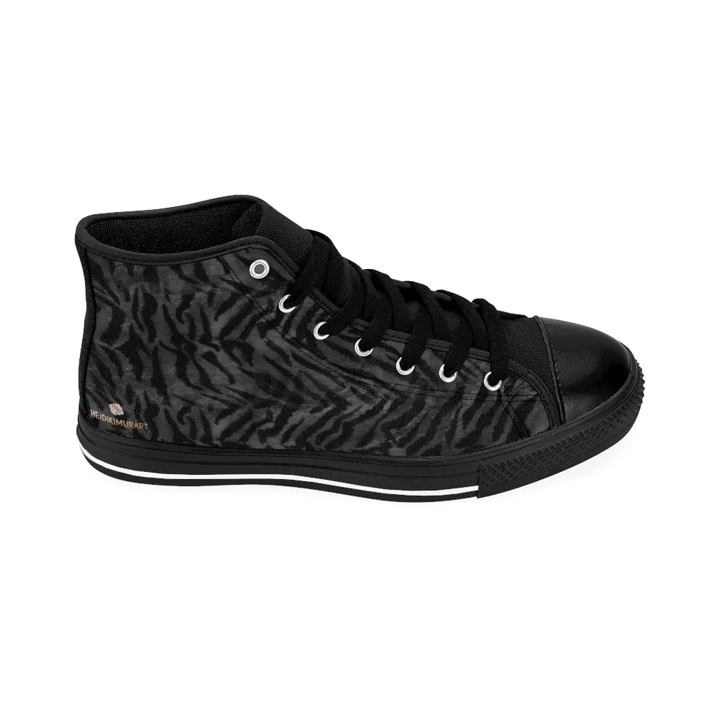 Grey Tiger Stripe Men's High-top Sneakers, Animal Print Men's Designer Tennis Running Shoes