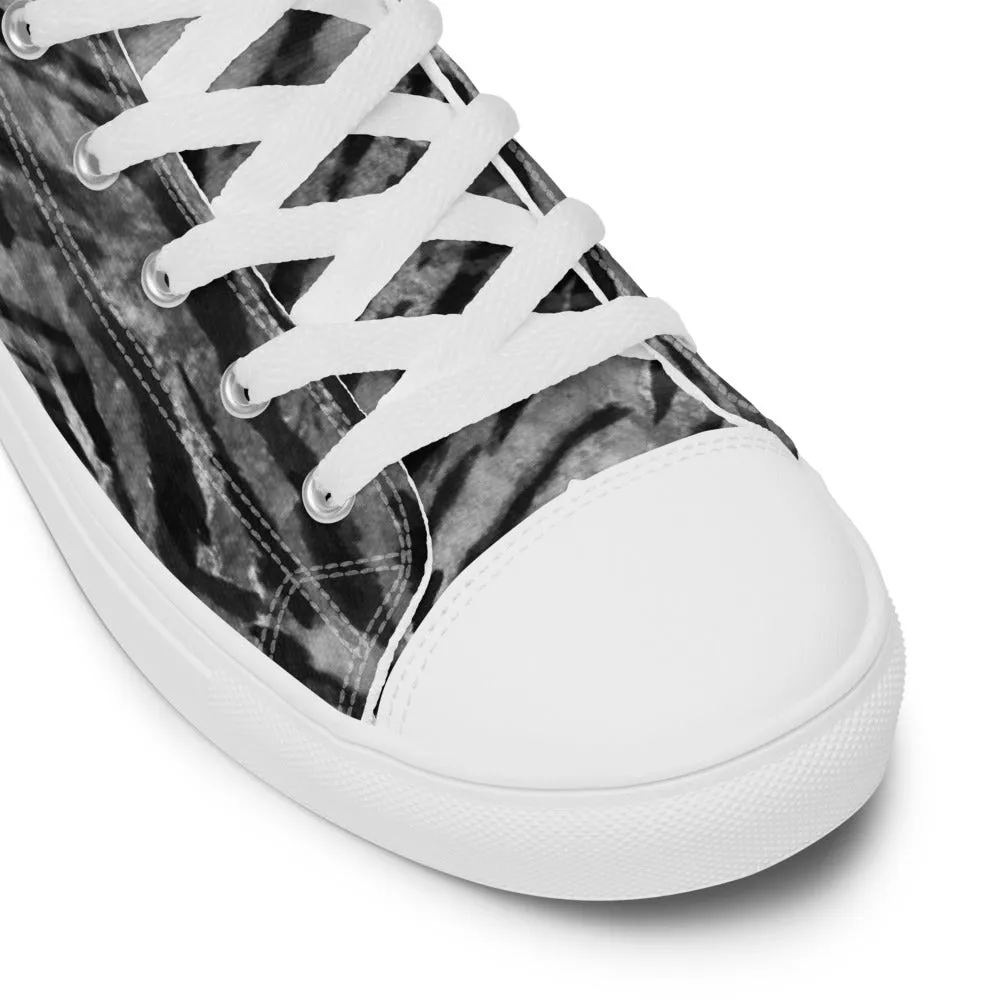 Grey Tiger Striped Women's Sneakers, Animal Print Designer Tiger Stripes High Top Tennis Shoes