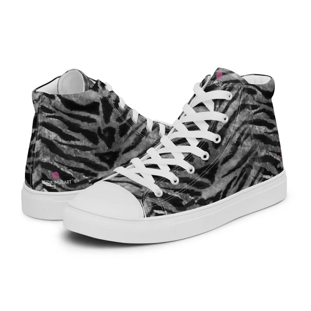 Grey Tiger Striped Women's Sneakers, Animal Print Designer Tiger Stripes High Top Tennis Shoes