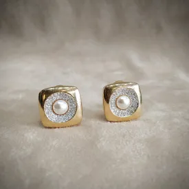 Grosse Earrings vintage gold Sqaure Pearl Crystal clip on