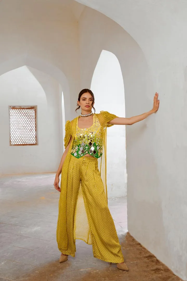 Gulbahar lemon green Sheesha Koti with Chiffon jacket and loose pant set.