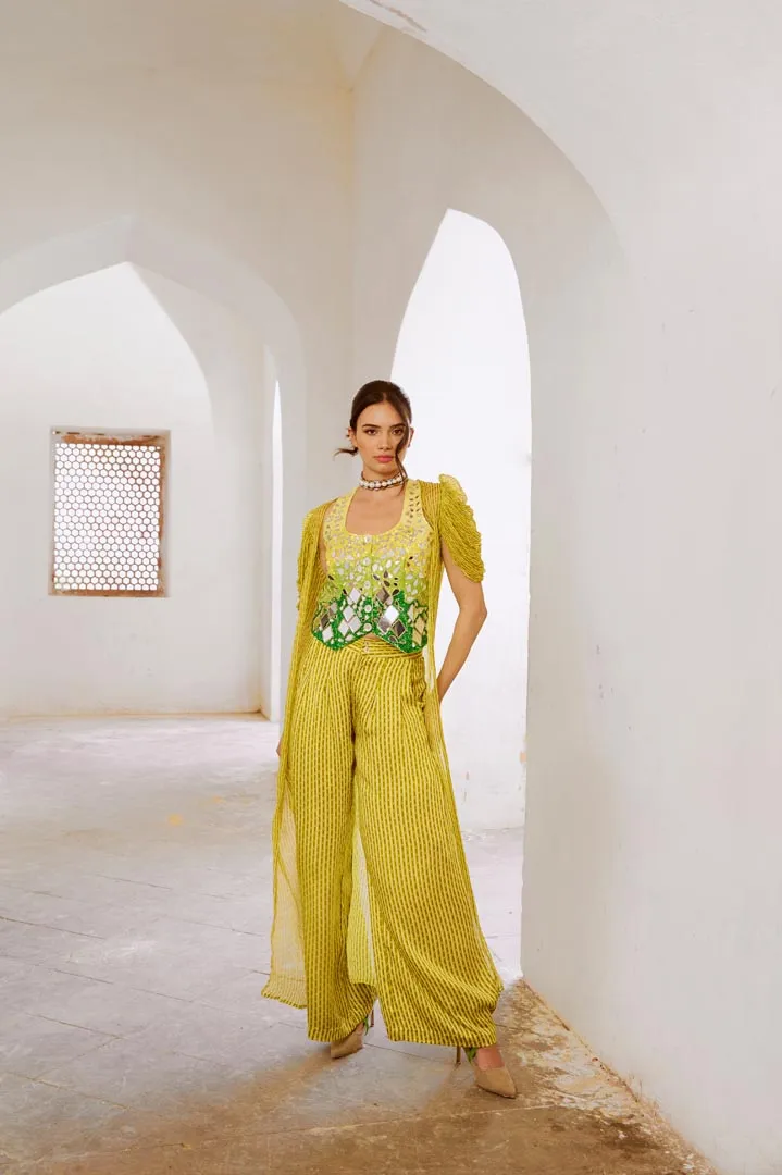 Gulbahar lemon green Sheesha Koti with Chiffon jacket and loose pant set.