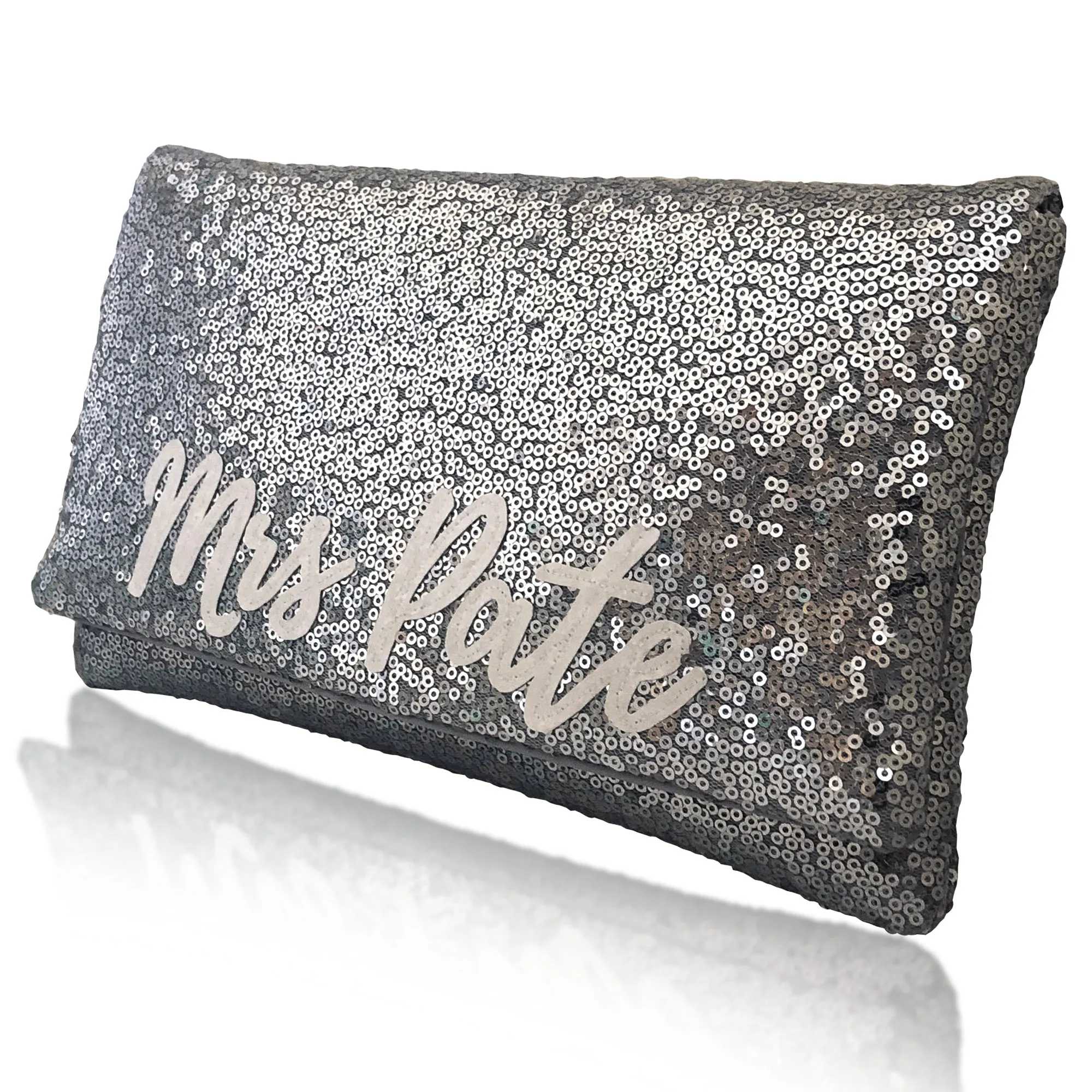 Gunmetal grey sequin personalised MRS surname clutch