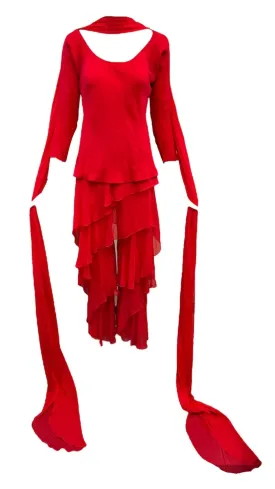 Halston 1970s Lipstick Red Chiffon Ruffled Ensemble with Pants