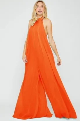 Halter Neck Orange Backless Loose Fit Chiffon Wide Leg Jumpsuit