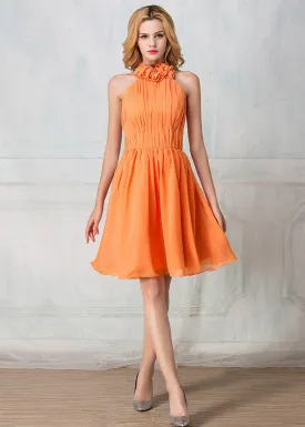 Haltered cocktail-length chiffon short prom dress