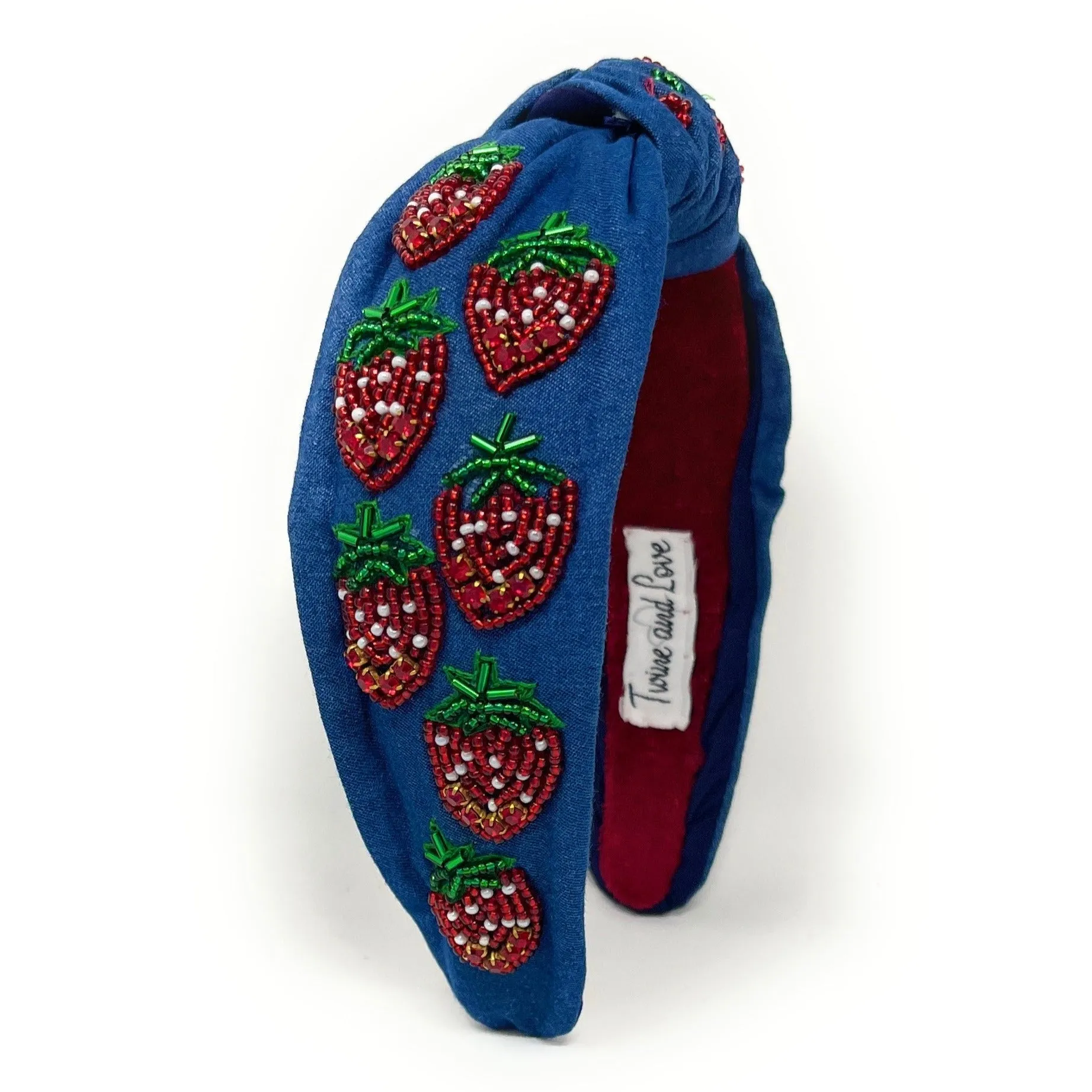 Hand Beaded Strawberry Denim Knot Headband