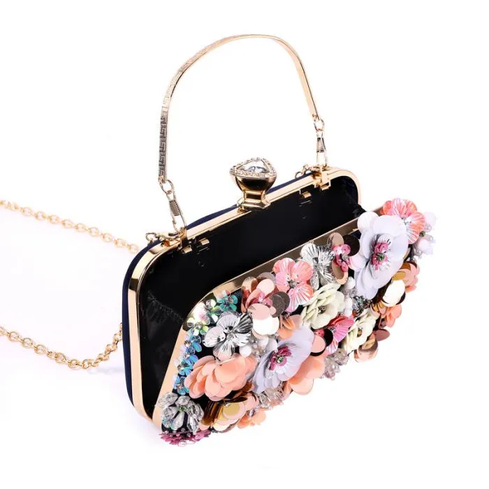 Hand Craft Floral Embellished Clutch Bag in Black