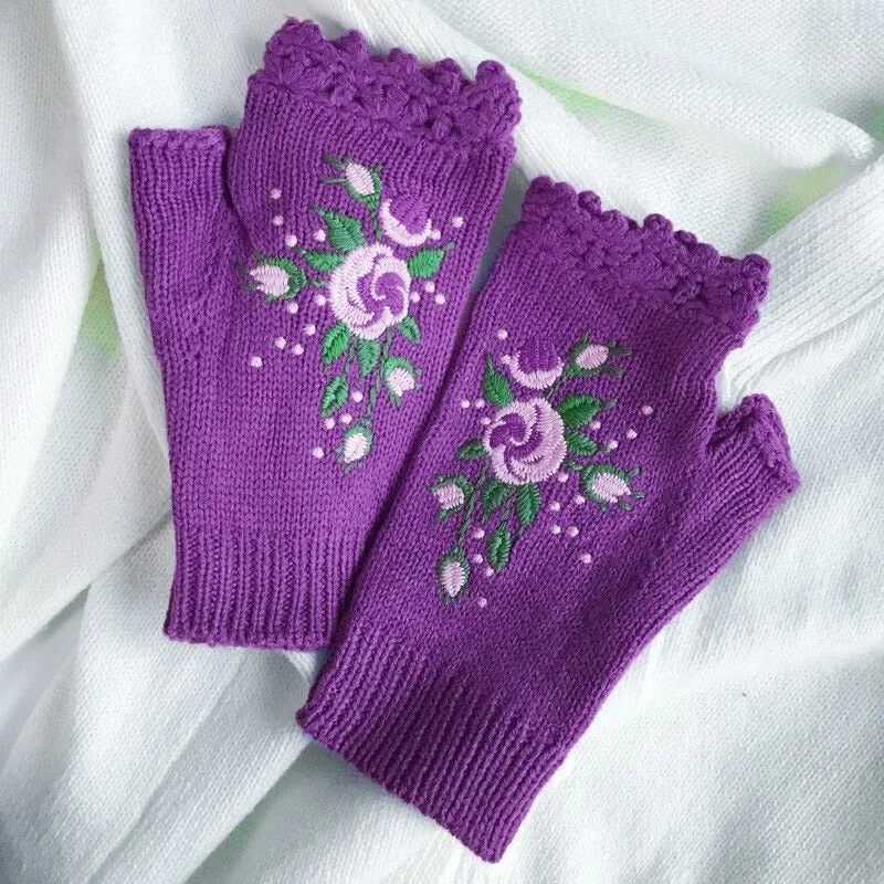 Hand Knit Floral Embroidered Fingerless Wrist Warmer Gloves