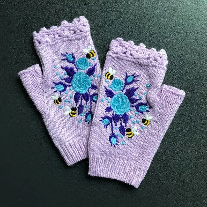 Hand Knit Floral Embroidered Fingerless Wrist Warmer Gloves