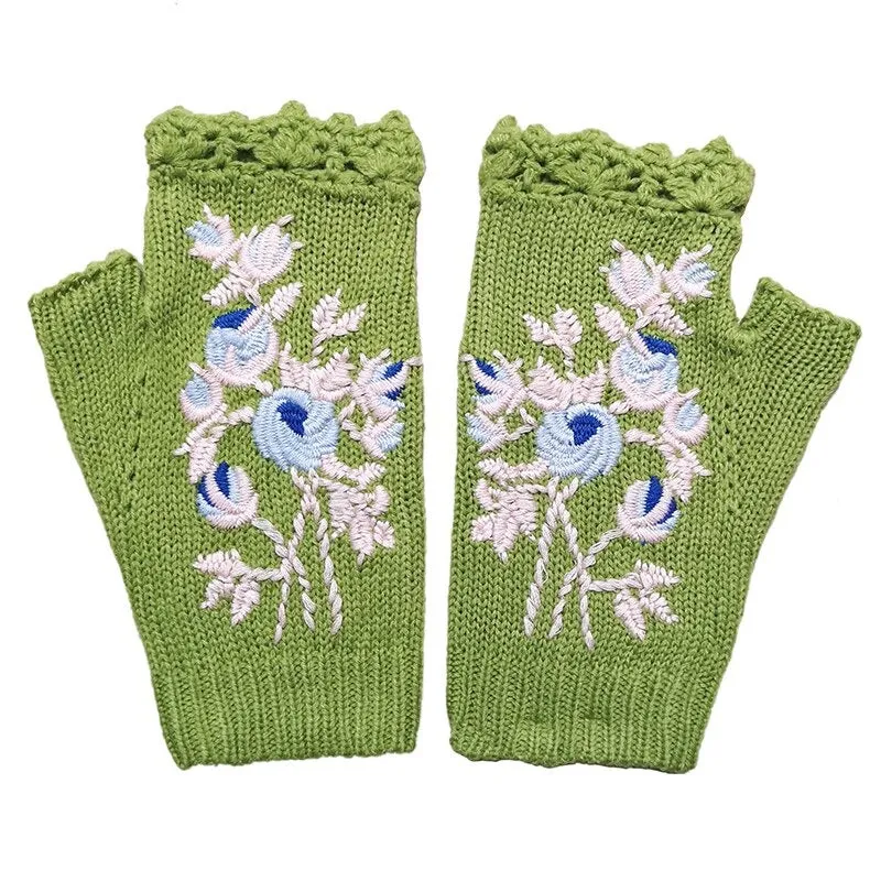 Hand Knit Floral Embroidered Fingerless Wrist Warmer Gloves