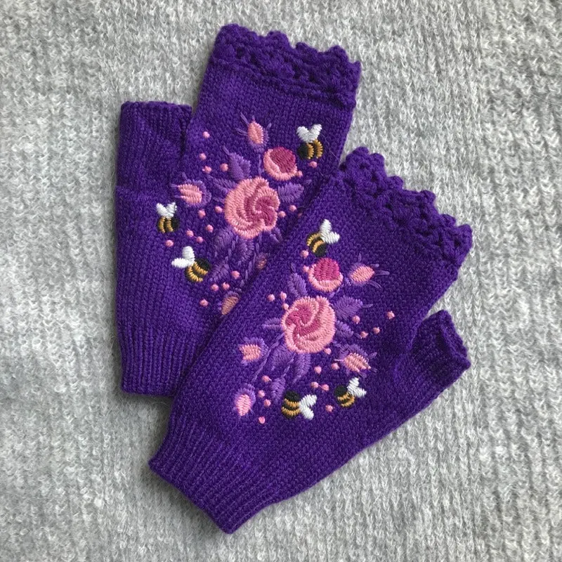 Hand Knit Floral Embroidered Fingerless Wrist Warmer Gloves