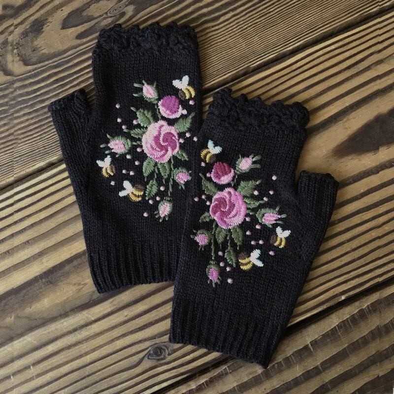 Hand Knit Floral Embroidered Fingerless Wrist Warmer Gloves