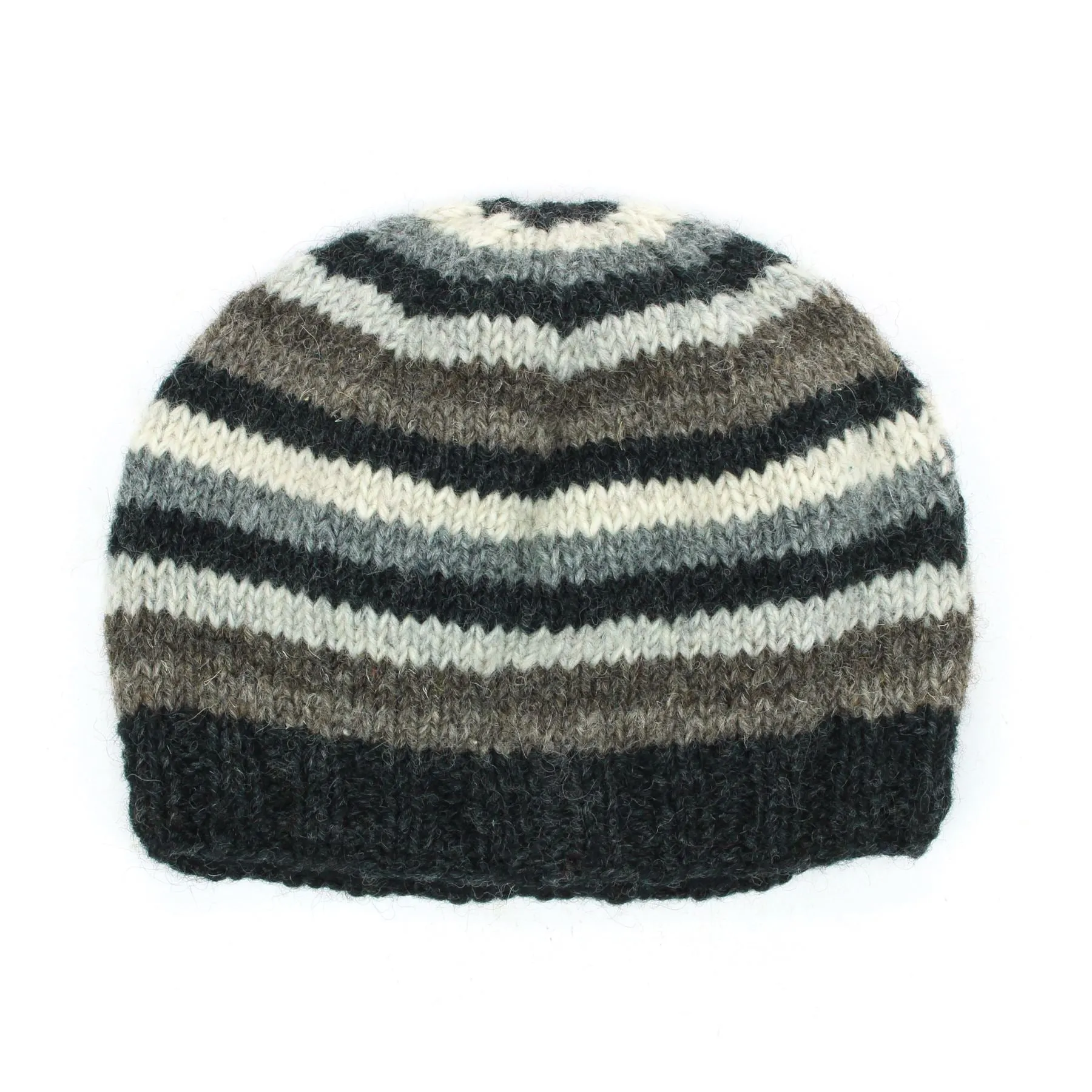 Hand Knitted Wool Beanie Hat - Stripe Natural