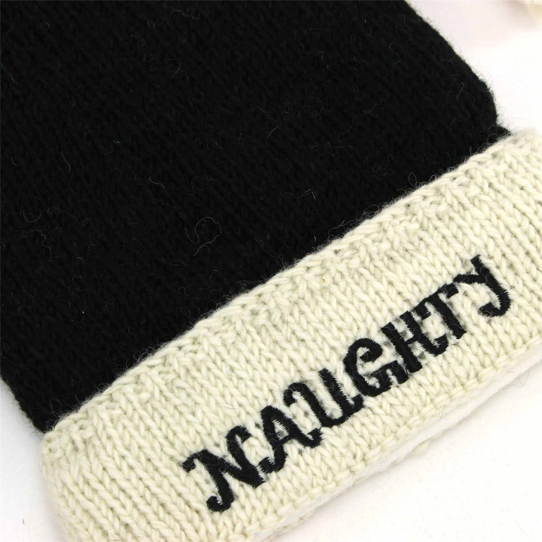 Hand Knitted Wool Christmas Beanie Hat - Naughty Black