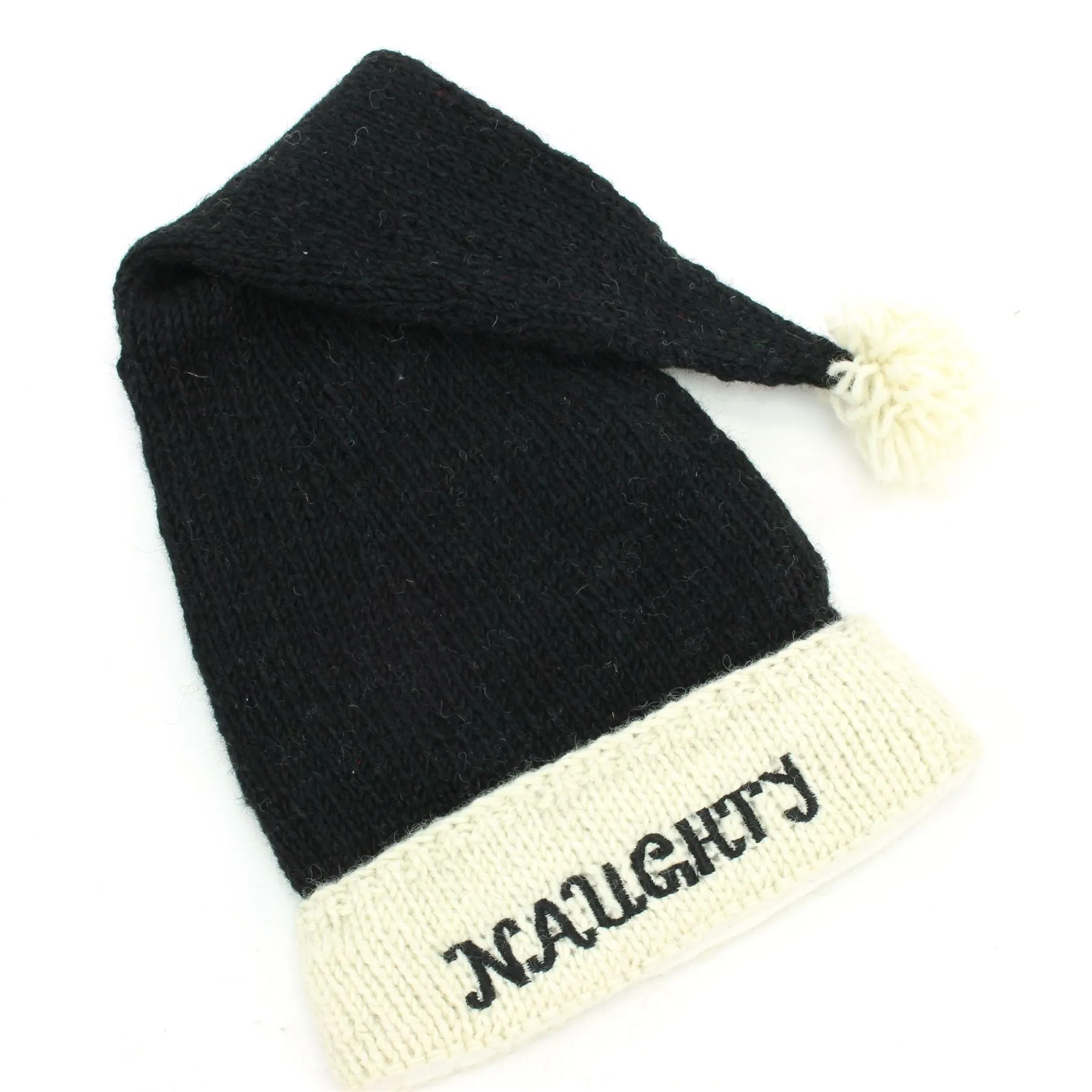 Hand Knitted Wool Christmas Beanie Hat - Naughty Black