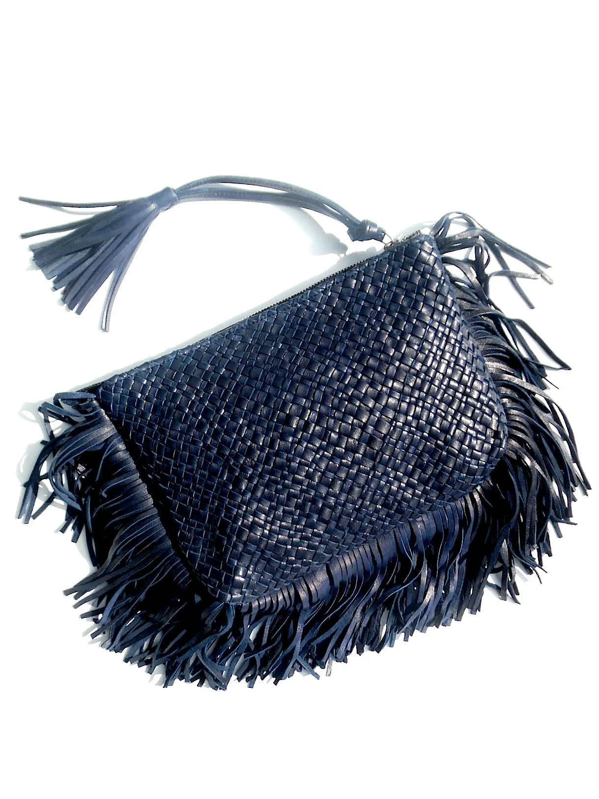 Hand Woven Leather Clutch With Fringe And Tassel Metallic