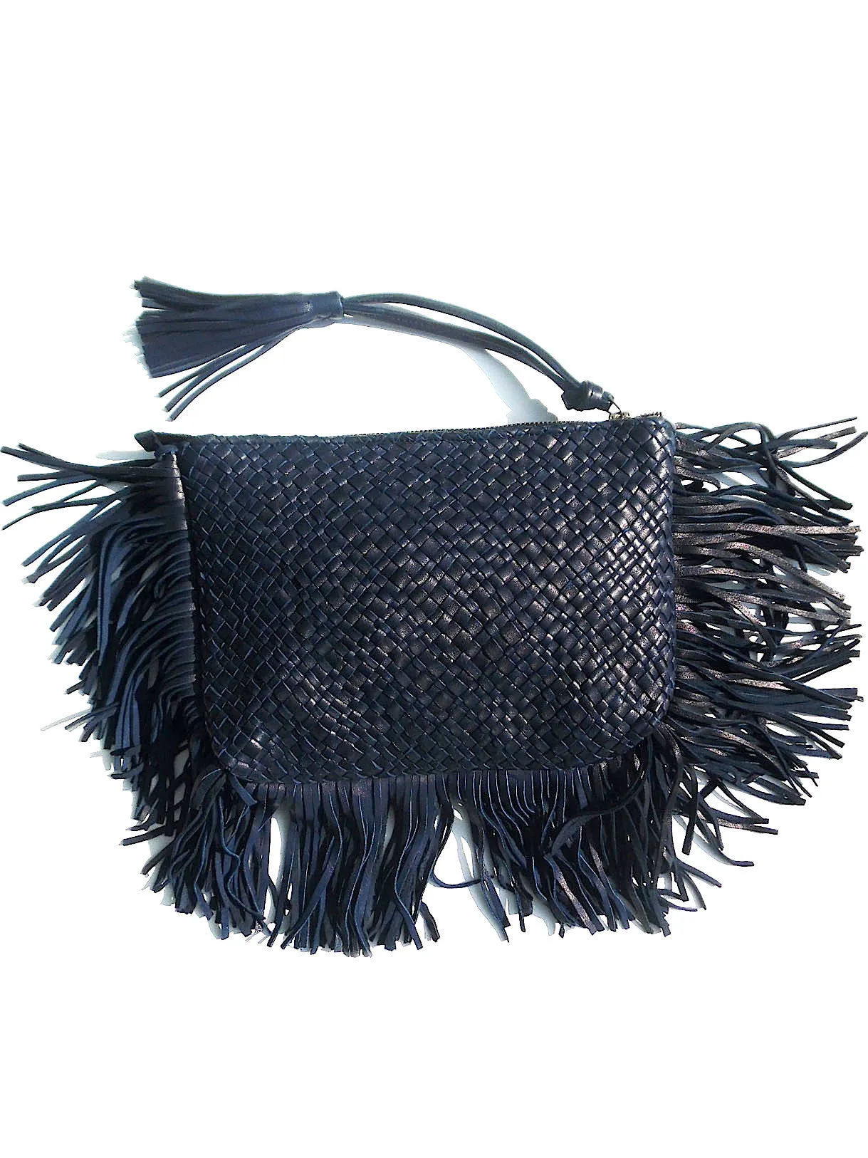 Hand Woven Leather Clutch With Fringe And Tassel Metallic