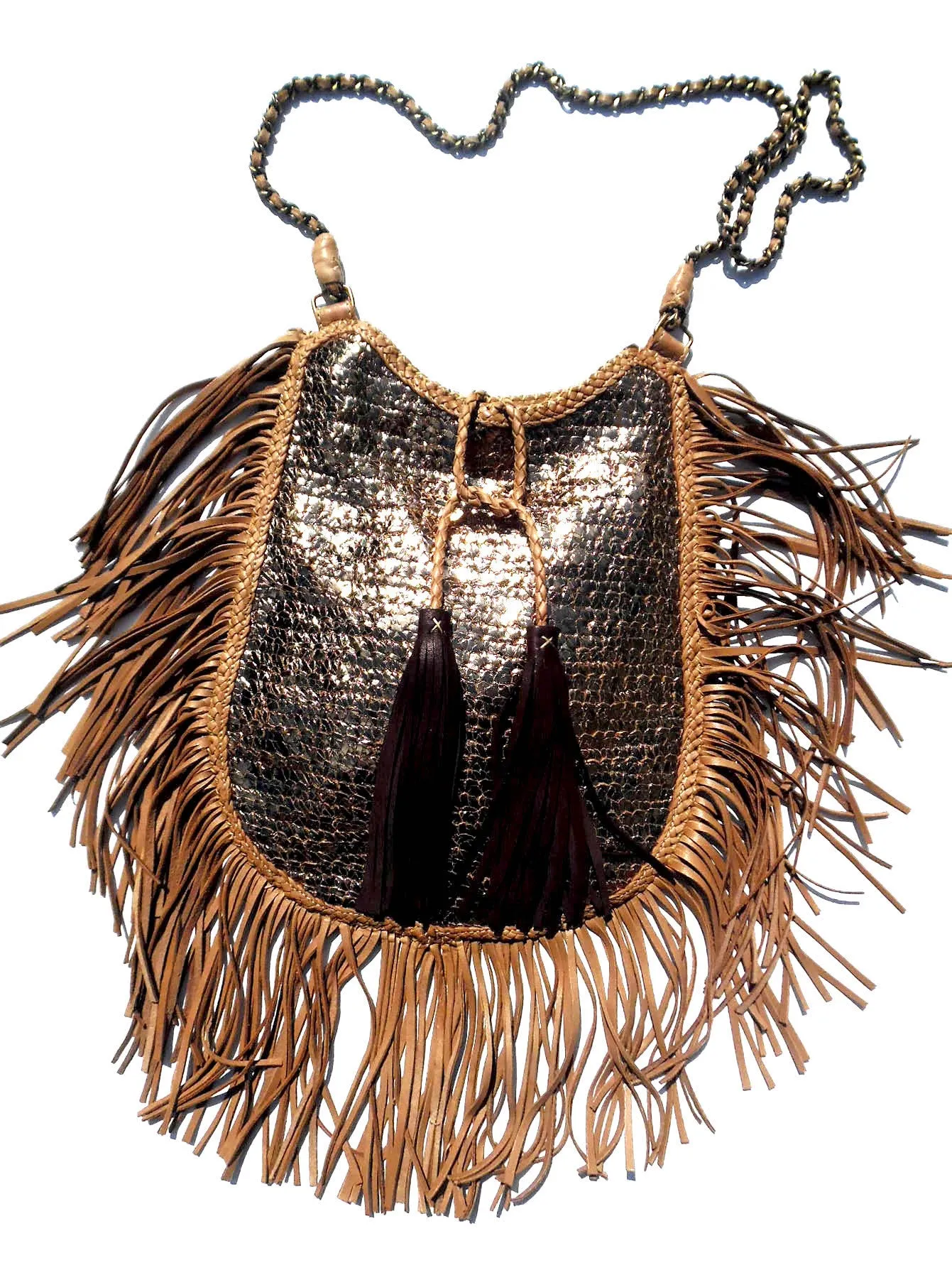 Hand Woven Leather Shoulder Cross Body Bag with Contrast Tassel