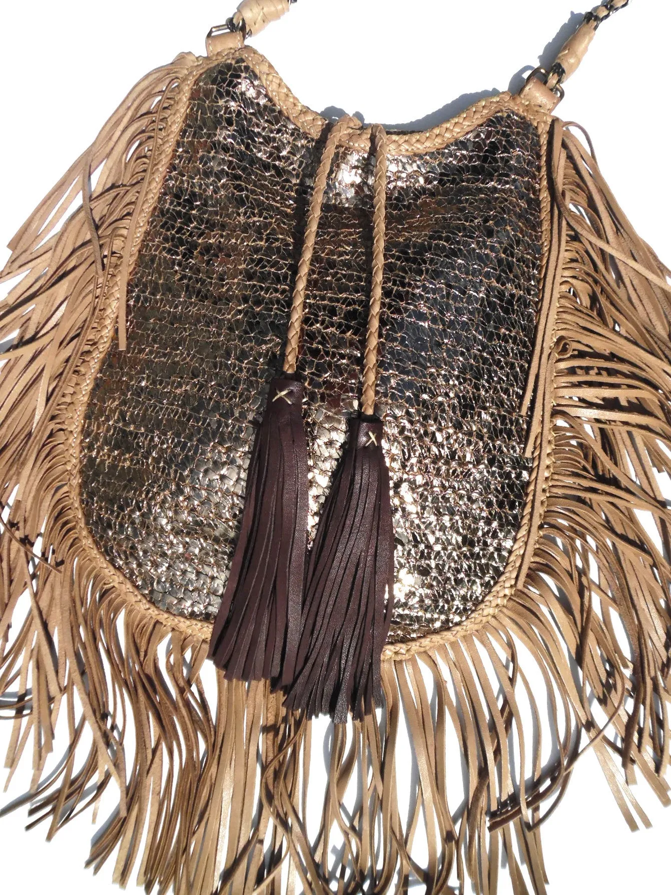 Hand Woven Leather Shoulder Cross Body Bag with Contrast Tassel