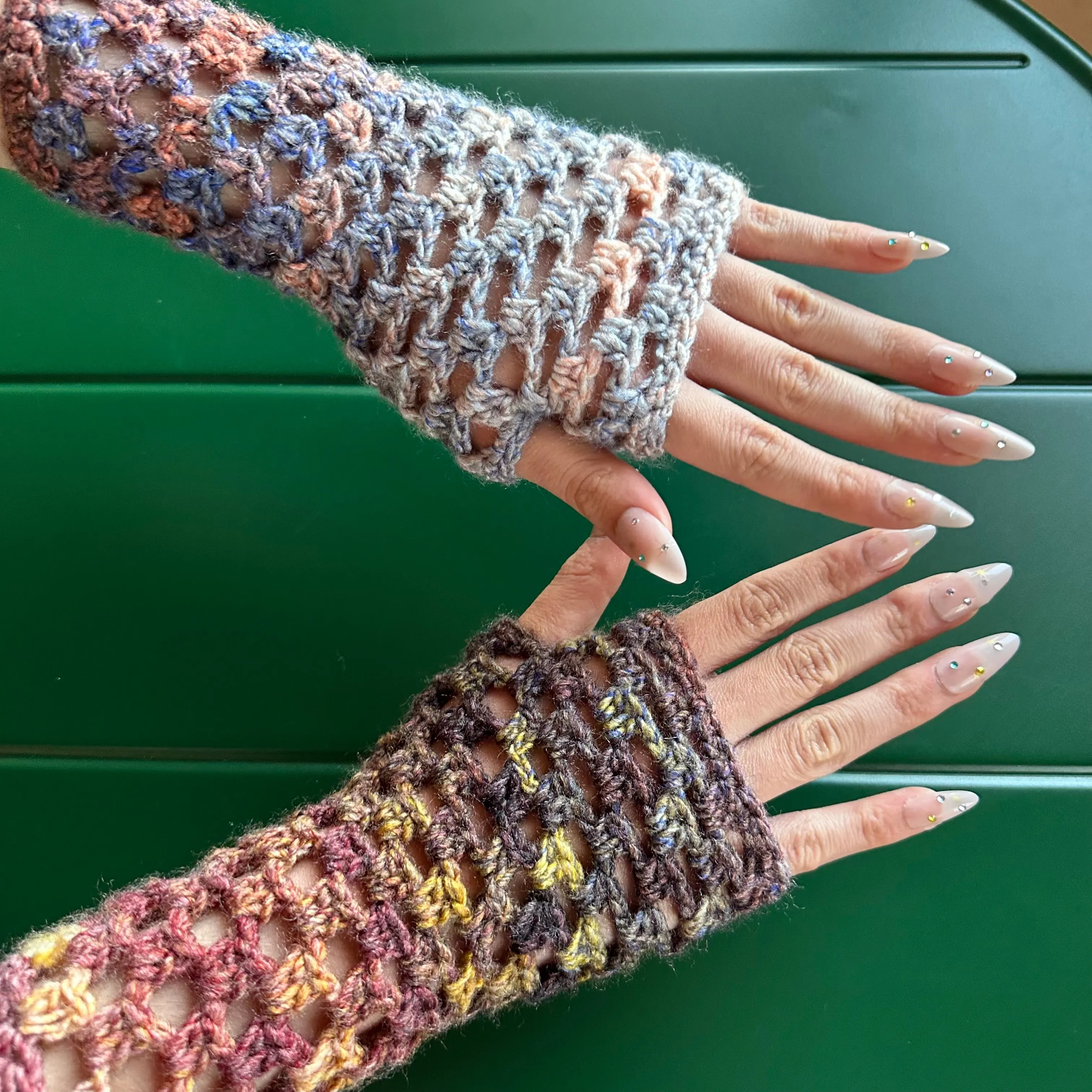 Handmade Aurora fishnet crochet ombré hand warmers