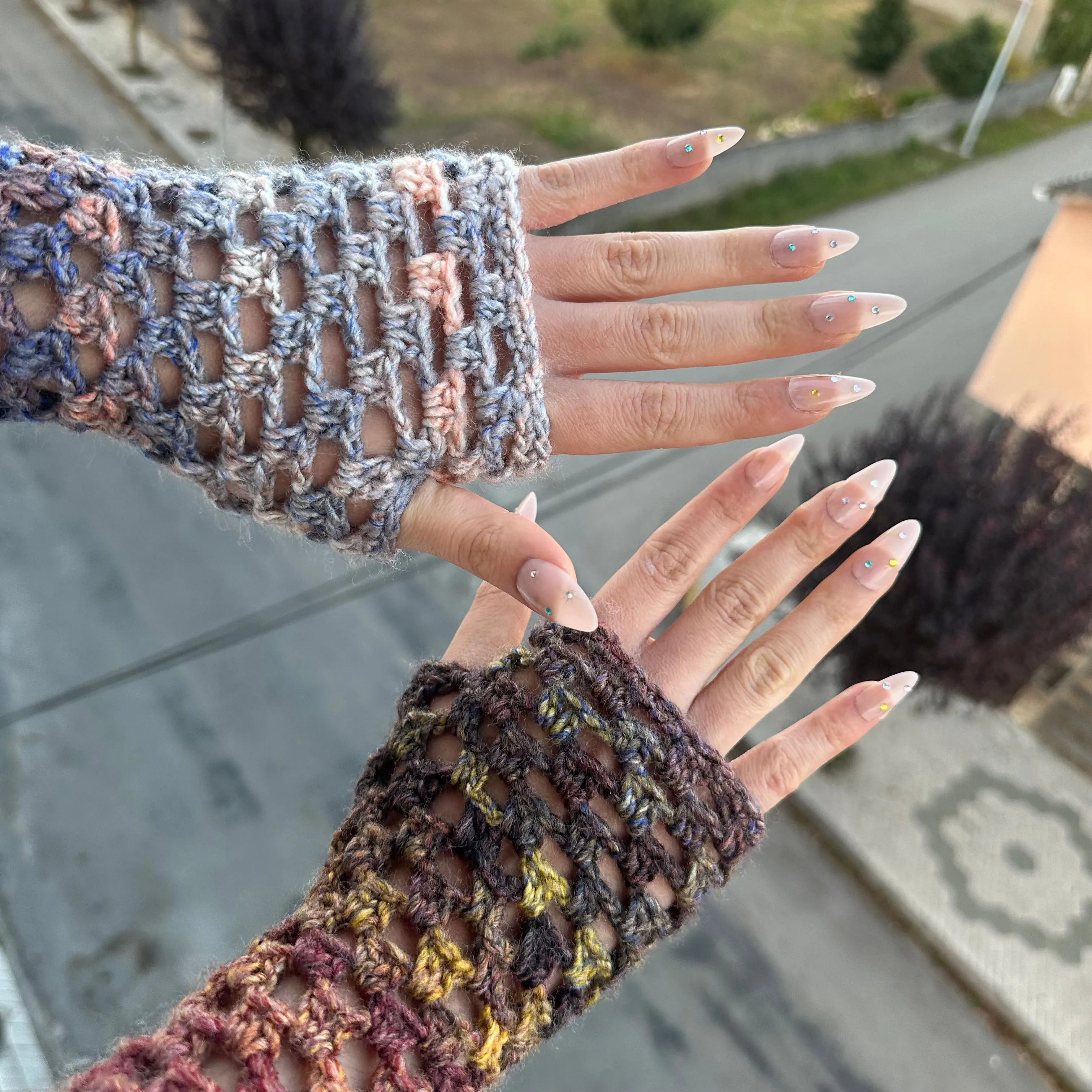 Handmade Aurora fishnet crochet ombré hand warmers