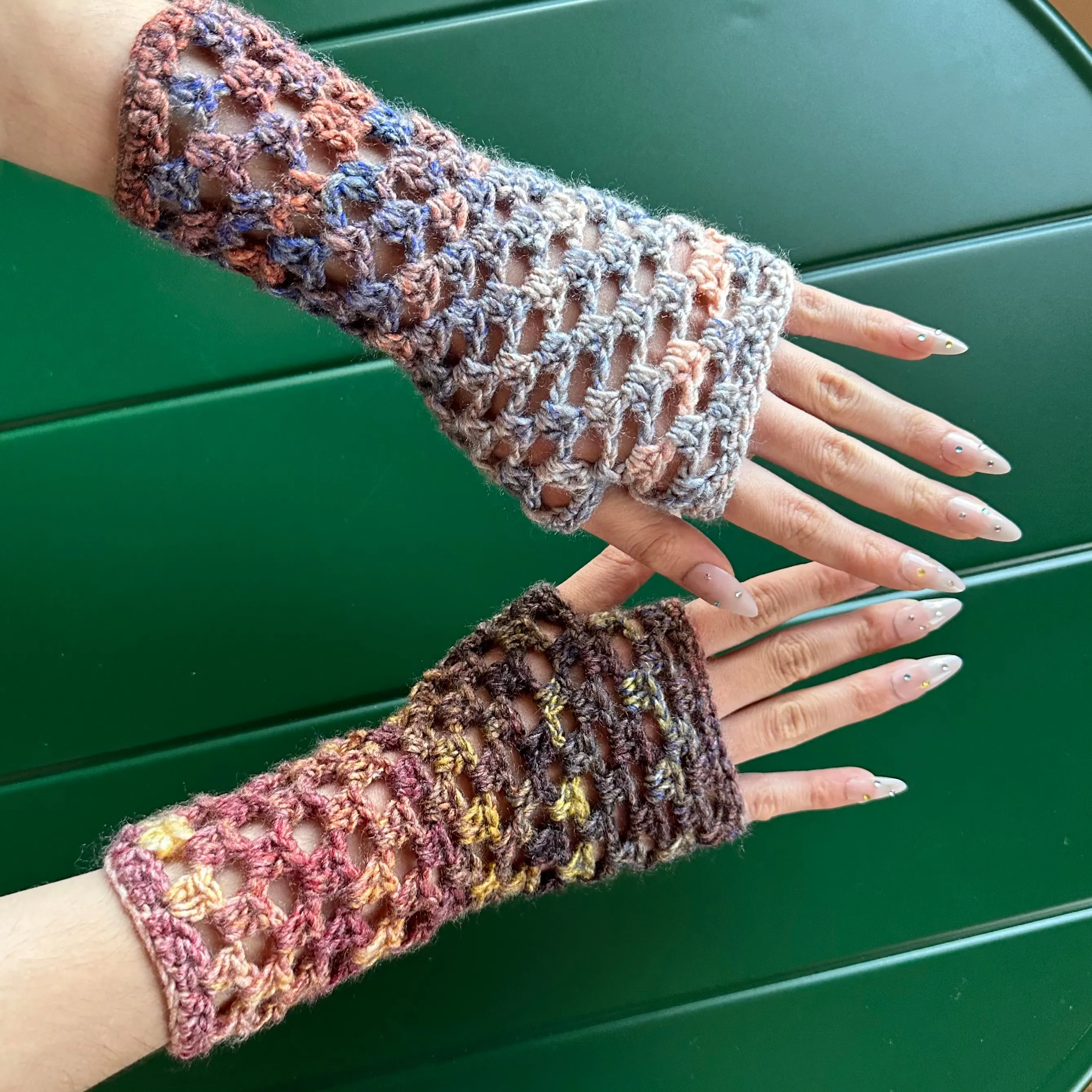 Handmade Aurora fishnet crochet ombré hand warmers