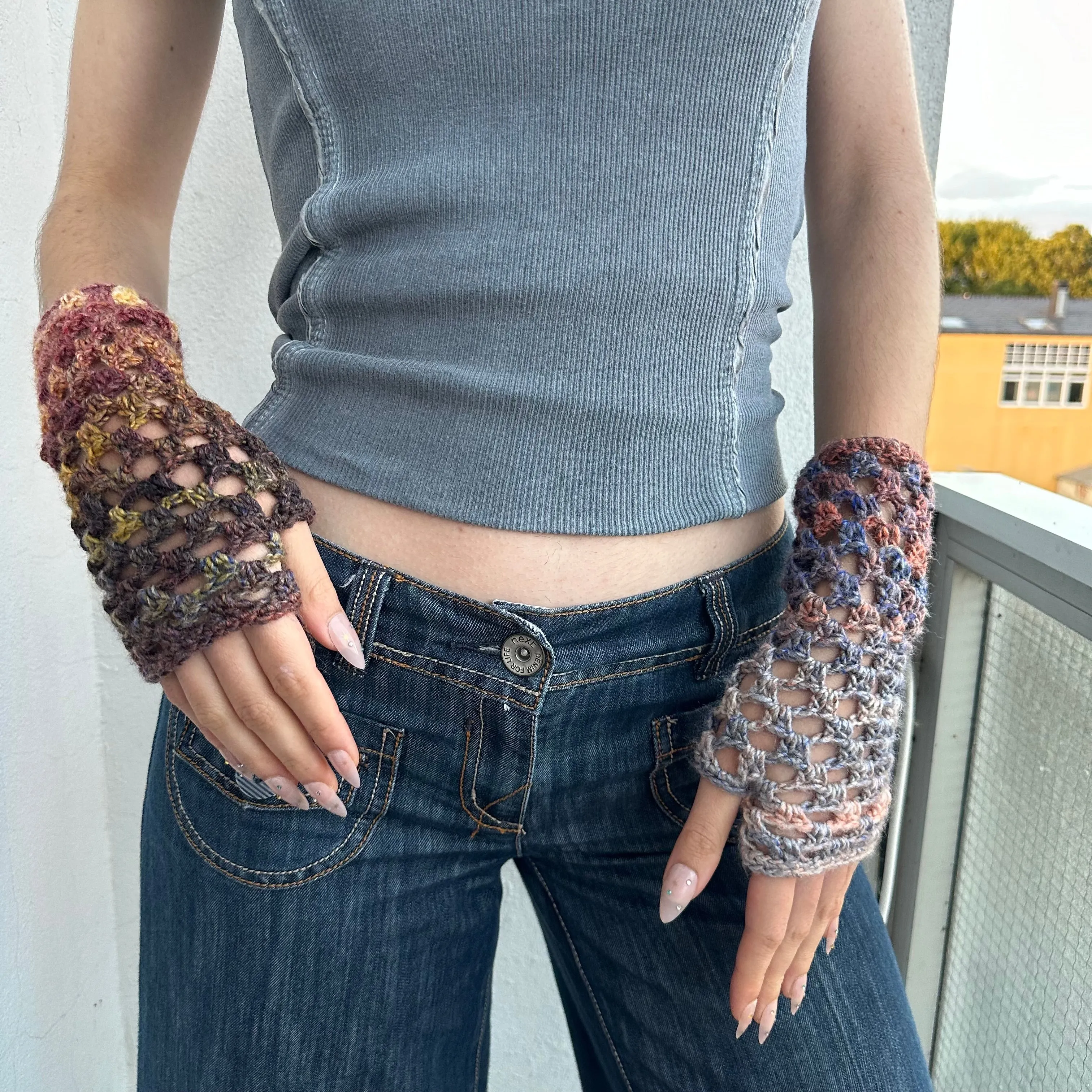 Handmade Aurora fishnet crochet ombré hand warmers