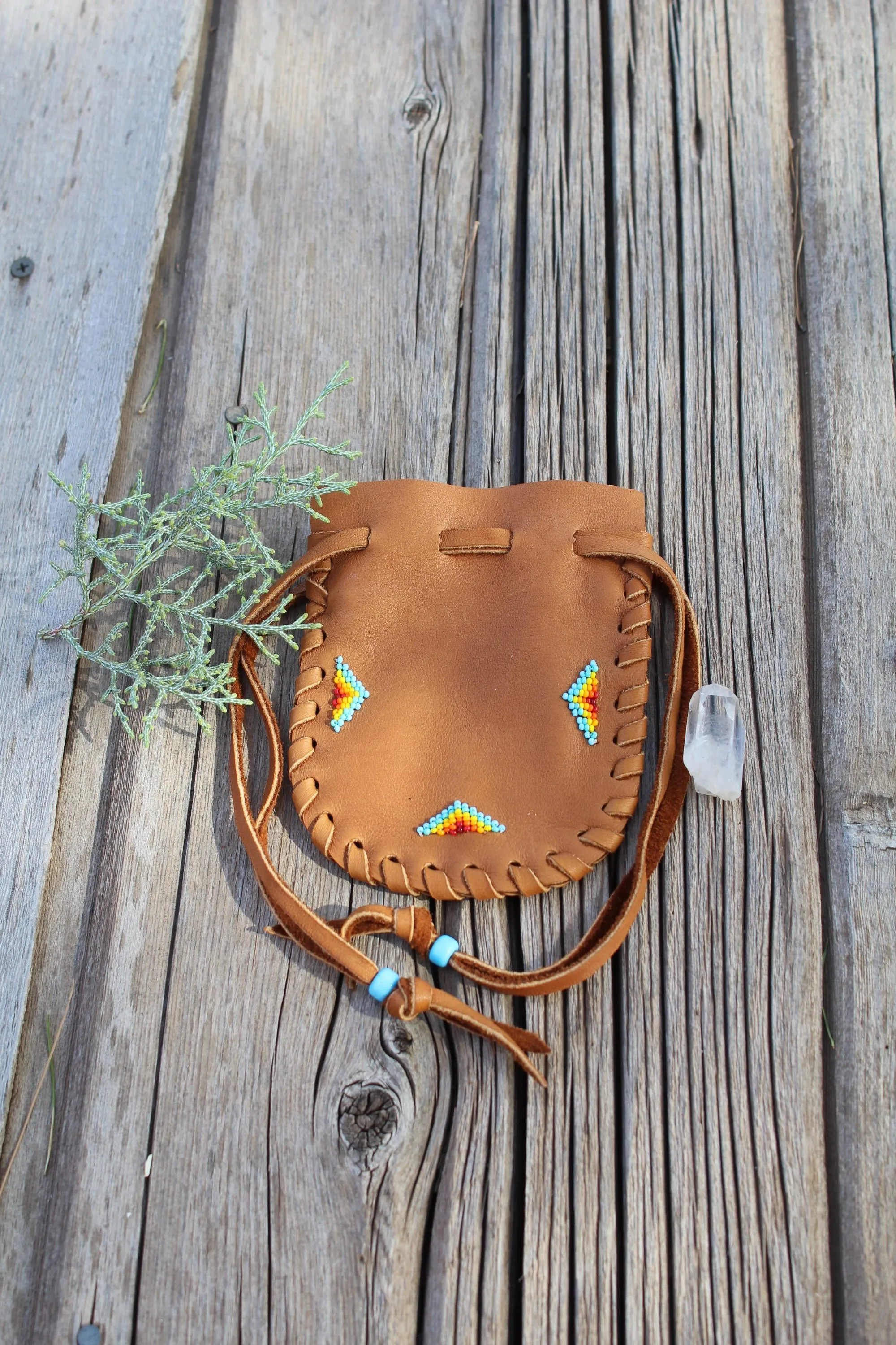 Handmade beaded medicine bag, buckskin leather pouch