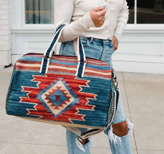 Handmade Ethnic carpet Bag weekender bag women Blue, rust & tan Aztec inspired duffel