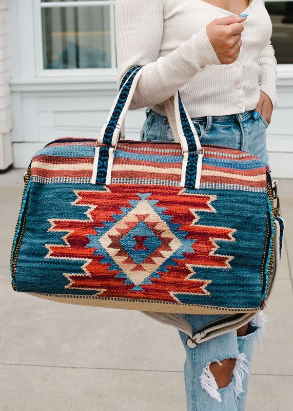 Handmade Ethnic carpet Bag weekender bag women Blue, rust & tan Aztec inspired duffel