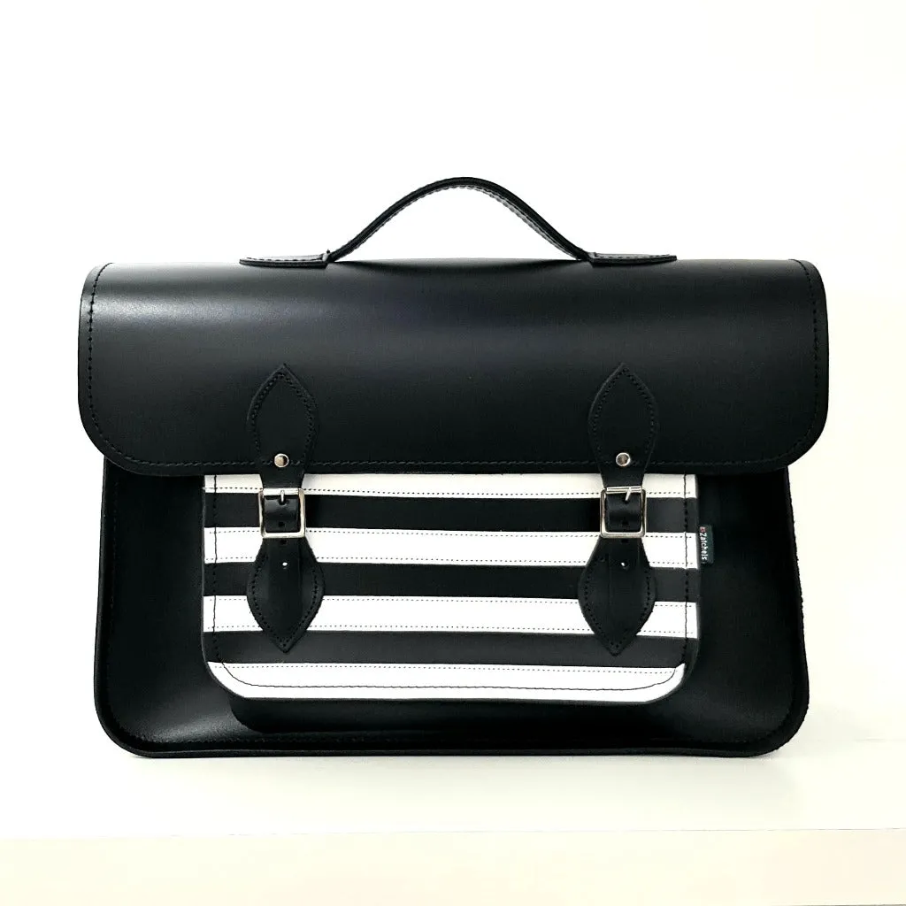 Handmade Leather Satchel - Gothic Striped White & Black