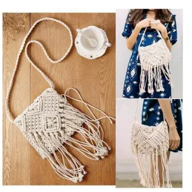 Handmade Macrame Shoulder Bag - Boho Macrame Bag- Cotton Rope Bag - Crossbody Bag - Handmade Knitted Rattan Summer Beach Bag Tassel Women