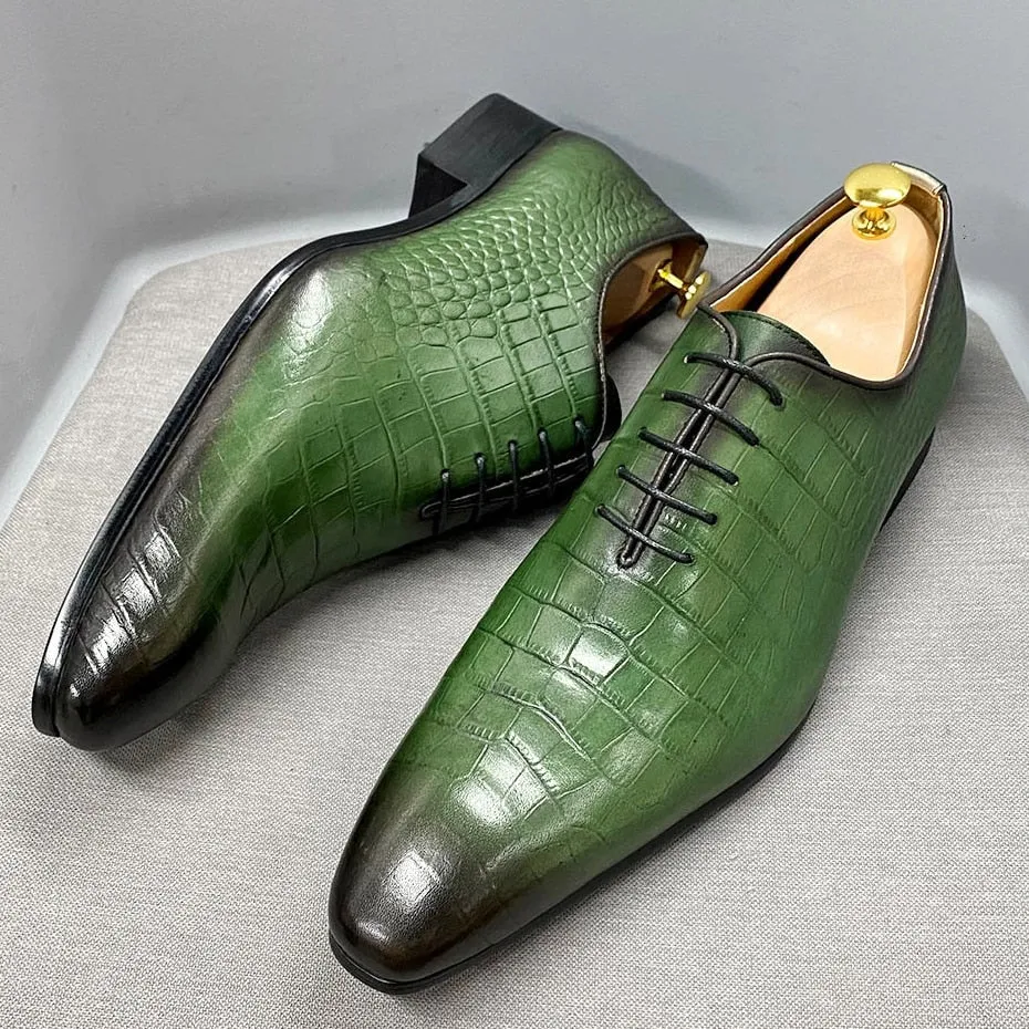 Handmade Men's Oxford Shoes Genuine Cow Leather Crocodile Pattern Classic Business Banquet Daily Shoes Lace-Up Formal Shoes E012