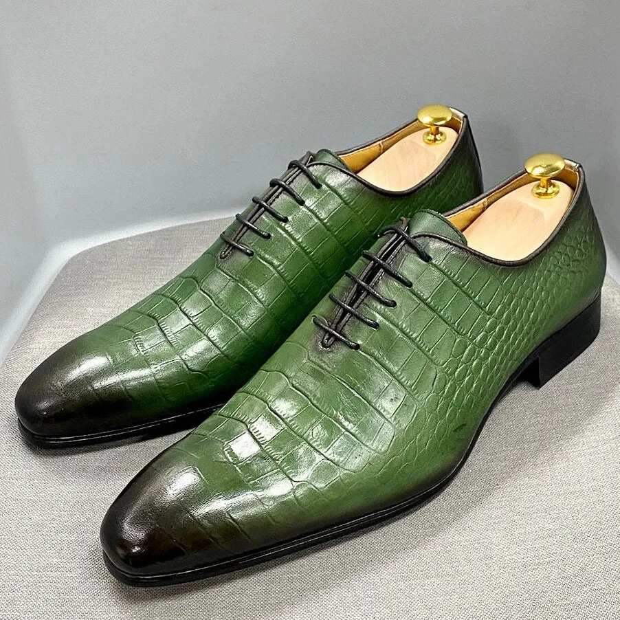 Handmade Men's Oxford Shoes Genuine Cow Leather Crocodile Pattern Classic Business Banquet Daily Shoes Lace-Up Formal Shoes E012