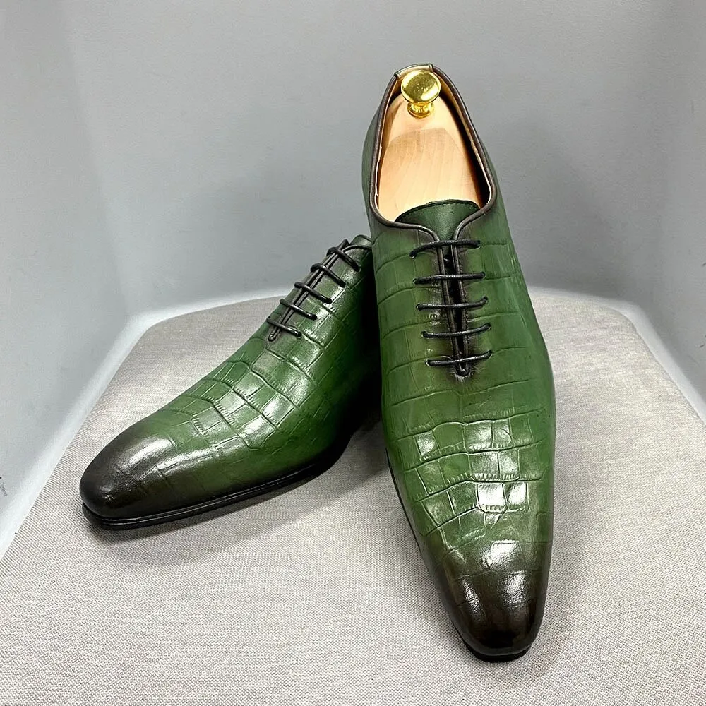 Handmade Men's Oxford Shoes Genuine Cow Leather Crocodile Pattern Classic Business Banquet Daily Shoes Lace-Up Formal Shoes E012